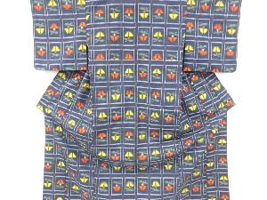 リサイクル　変わり格子に抽象花模様織り出し手織り真綿紬着物